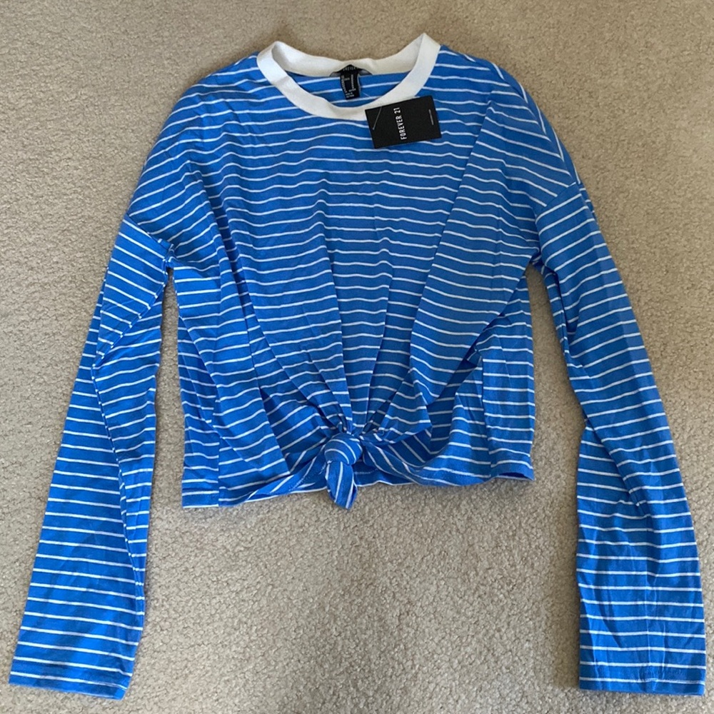 Forever 21 blue long sleeve stripped shirt with knot